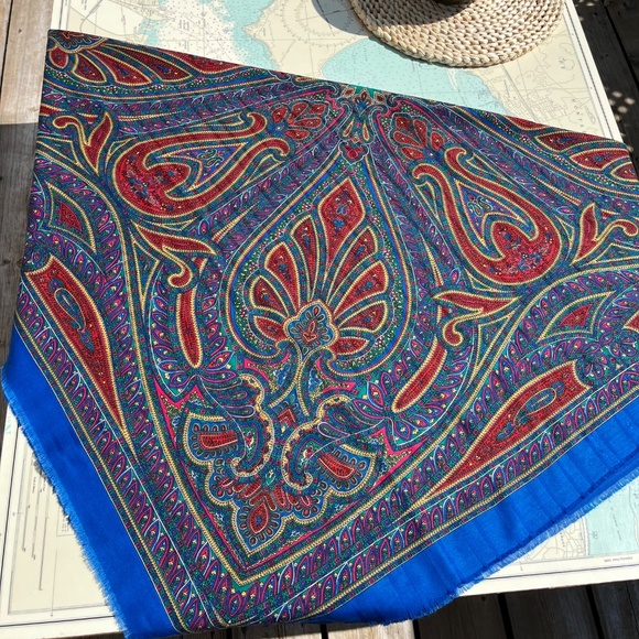 Vintage Blue Paisley Boho Large Scarf - Picture 3 of 4